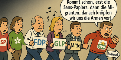 Das Bild zeigt eine Karrikatur. Die SVP zieht die Parteien FDP, Mitte und GLP mit sich nach Rechts. Sie ruft: "Erst die Sans-Papiers, dann die Migranten, danach knöpfen wir uns die Armen vor. SP und Grüne stehen fassungslos am linken Rand.